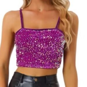 ALLEGRA K Purple Sequin Sparkle Spaghetti Strap Club Party Cami Top Size L